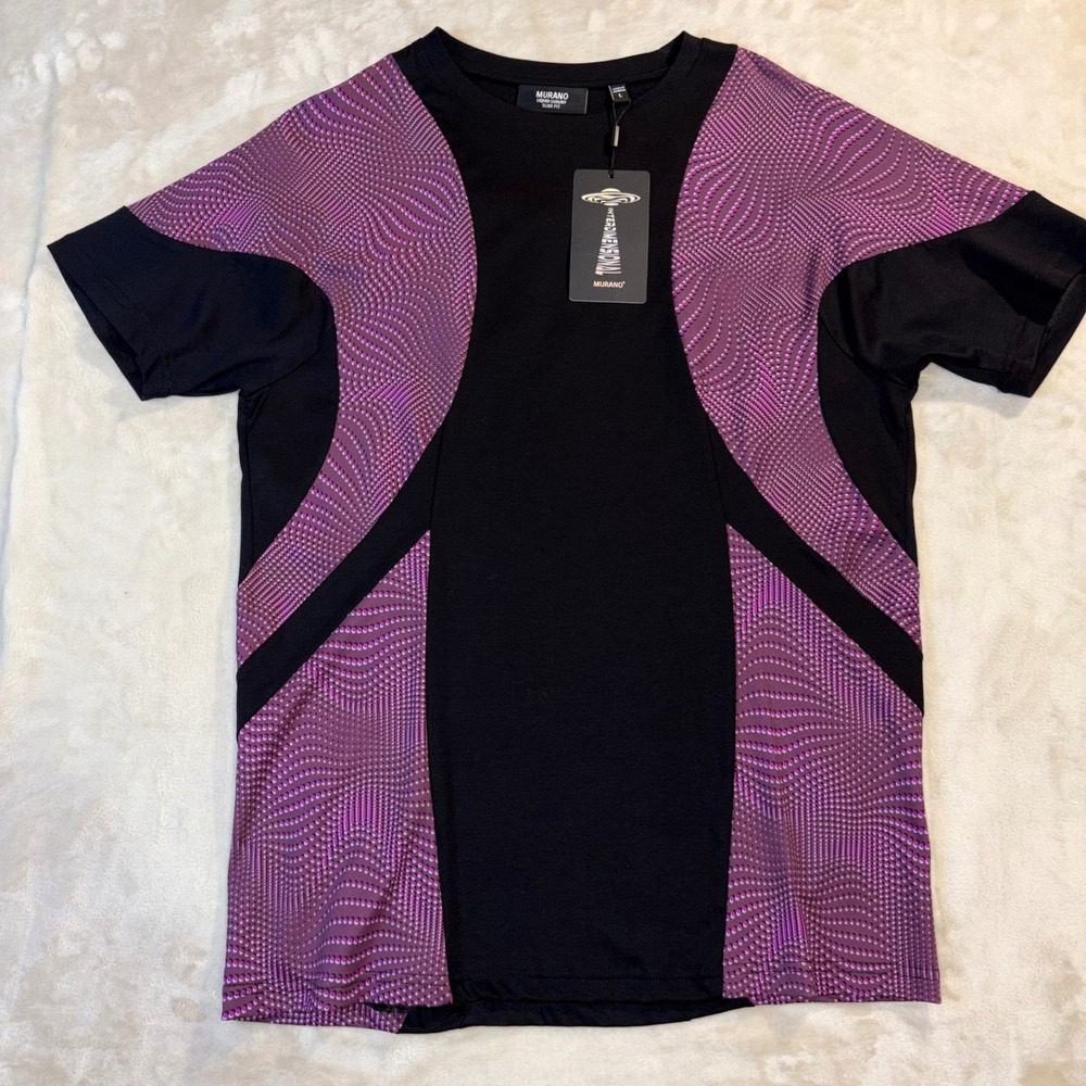 Murano Liquid Luxury Slim Fit T-Shirt Mens Large Black Purple Geometric NWT
